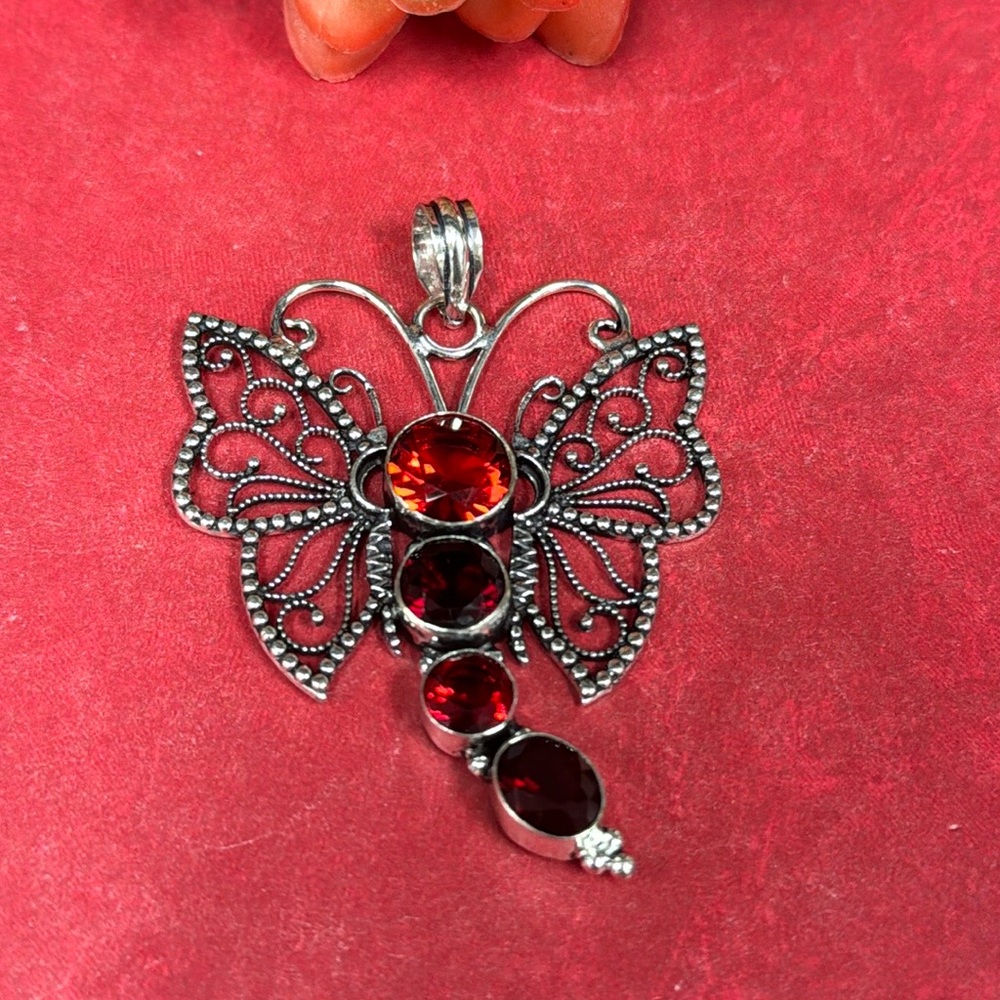 Garnet Dragon Fly Silver Pendant